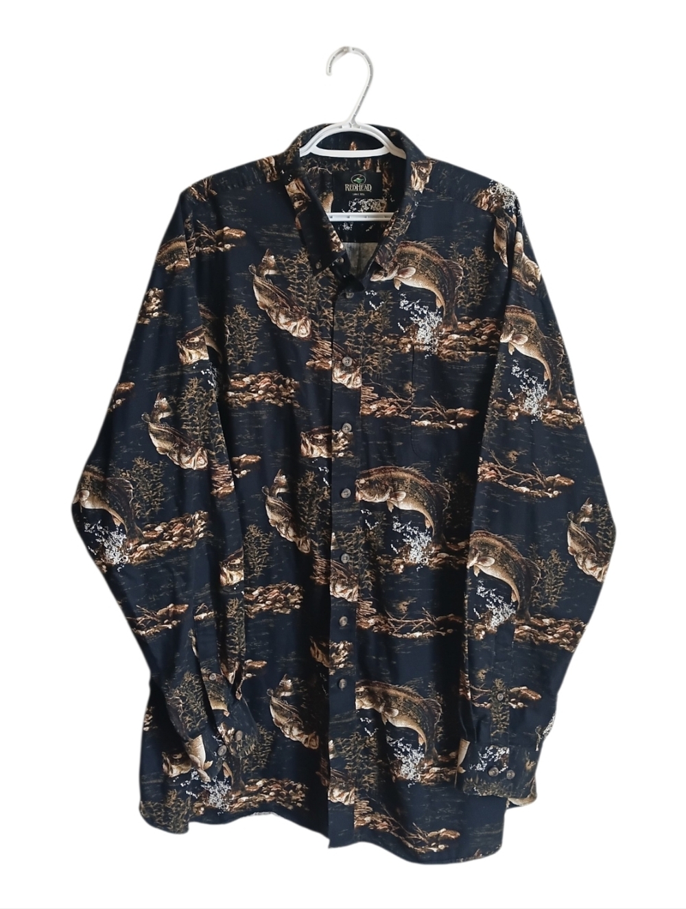Vintage Redhead Wide Mouth Bass Fish AOP Print Button-Up Shirt XXL Tall